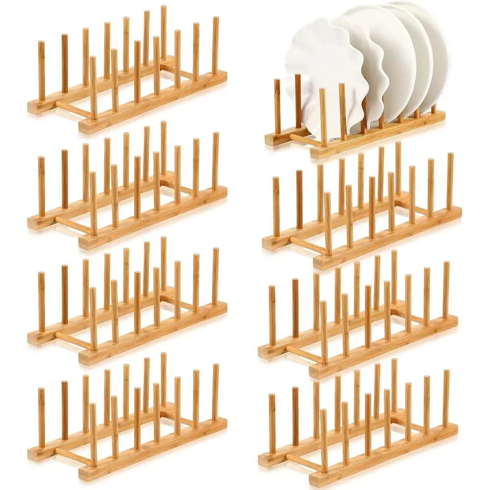 

8 Pcs Bamboo Wooden Plate Rack Dish Drying Rack Wood Pot Lid Holder Stand Kitchen Cabinet Organizer or Bowl Cup Cutting Board