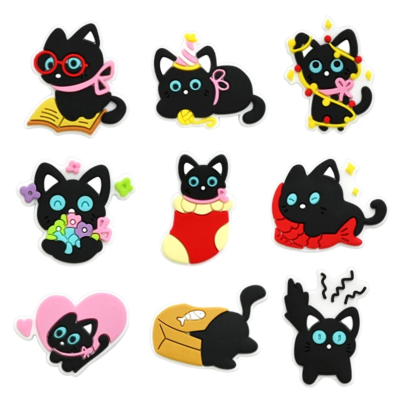 

9-100PCS Anime Black Cat Shoe Charms Cute Christmas Cat Series PVC Decoration high-quality Detachable Waterproof For Party Gifts