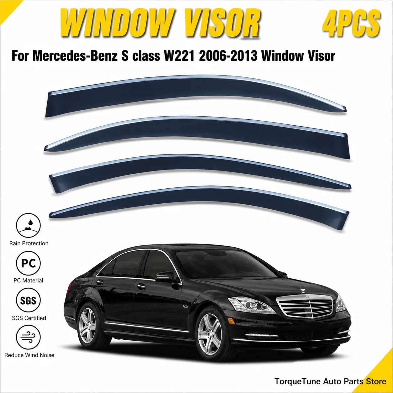 4PCS In-Channel Window Visor Wind Deflector Rain Guard for Mercedes-Benz S-Class W221 2006-2013 Door Sun Shade Direct Fit