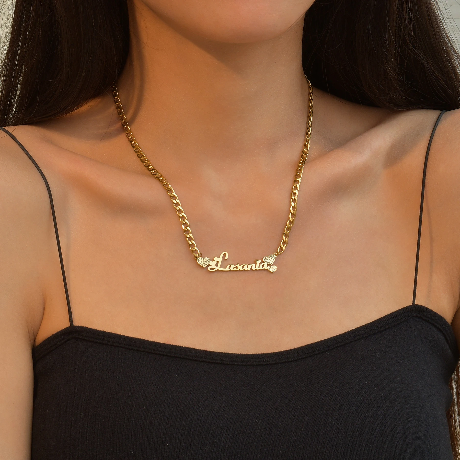 Collar de acero inoxidable con nombre personalizado para mujer, joyería de circonita con corazón, placa de identificación, cadena cubana, regalo de joyería, nuevo