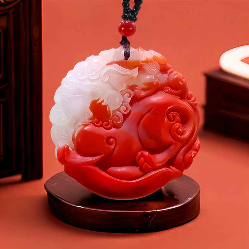 

Red White Real Jade Kylin Pendant Necklace Luxury Vintage Gemstone Gift Designer Natural Carved Jewelry Accessories Stone