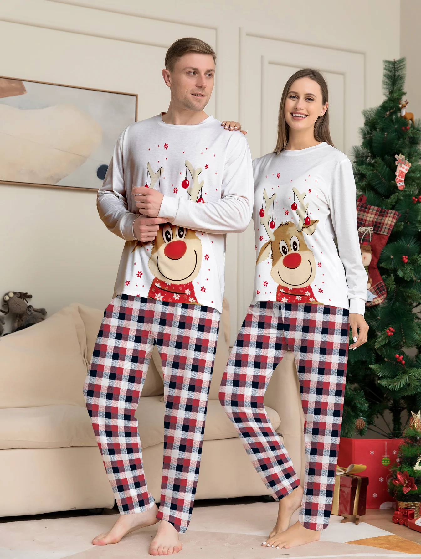 

Christmas Couple Pajamas Set: White Reindeer Print Top + Red Plaid Pants Sleepwear