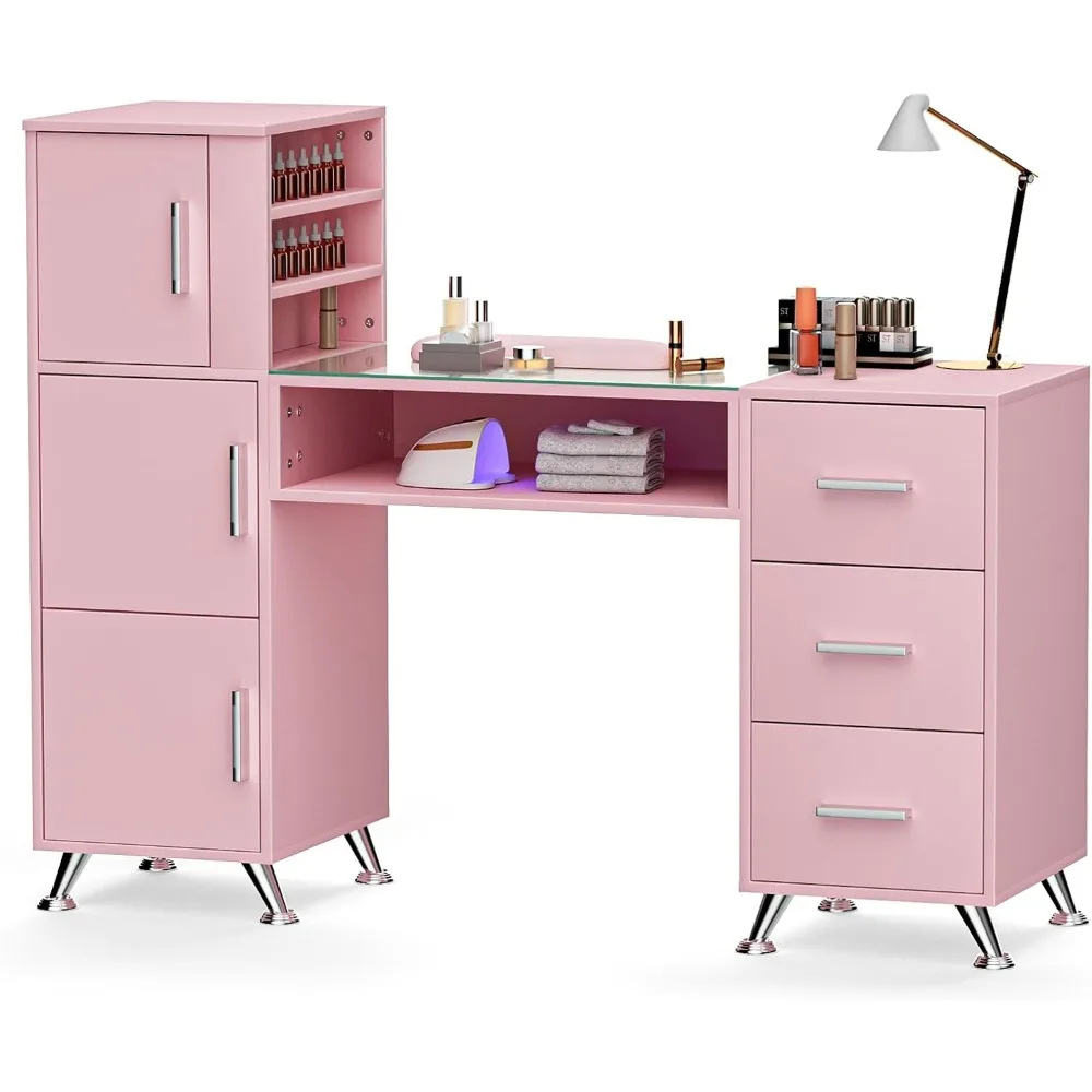 Nail Desk for Nail Tech Table Pink Manicure Desk Acetone Resistant Manicure Table Nail Station with Drawers Storage Cabinets