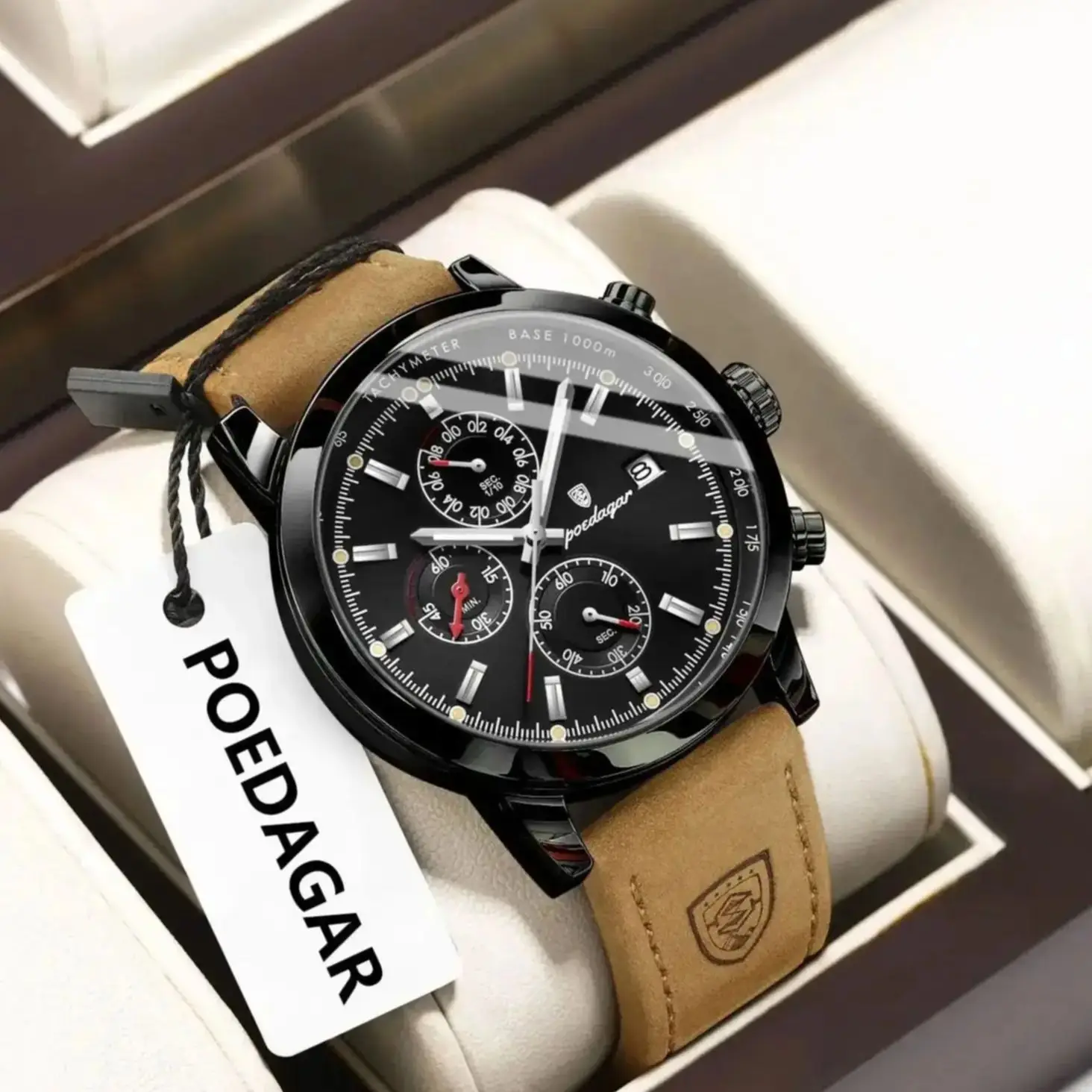 POEDAGAR Original Functional Man Watch Date Waterproof Luminous Chronograph Business Men Watch Male Leather Quartz Men's Watches