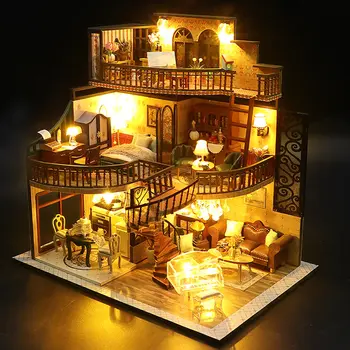 Dřevěný domeček pro panenky 3D puzzle, montážní model stavebnice, výroba, hračky pro malé pokoje, domácí dekorace ložnice s nábytkovým světlem 10 nejlepší prodej miniaturní dřevěný dům - №3