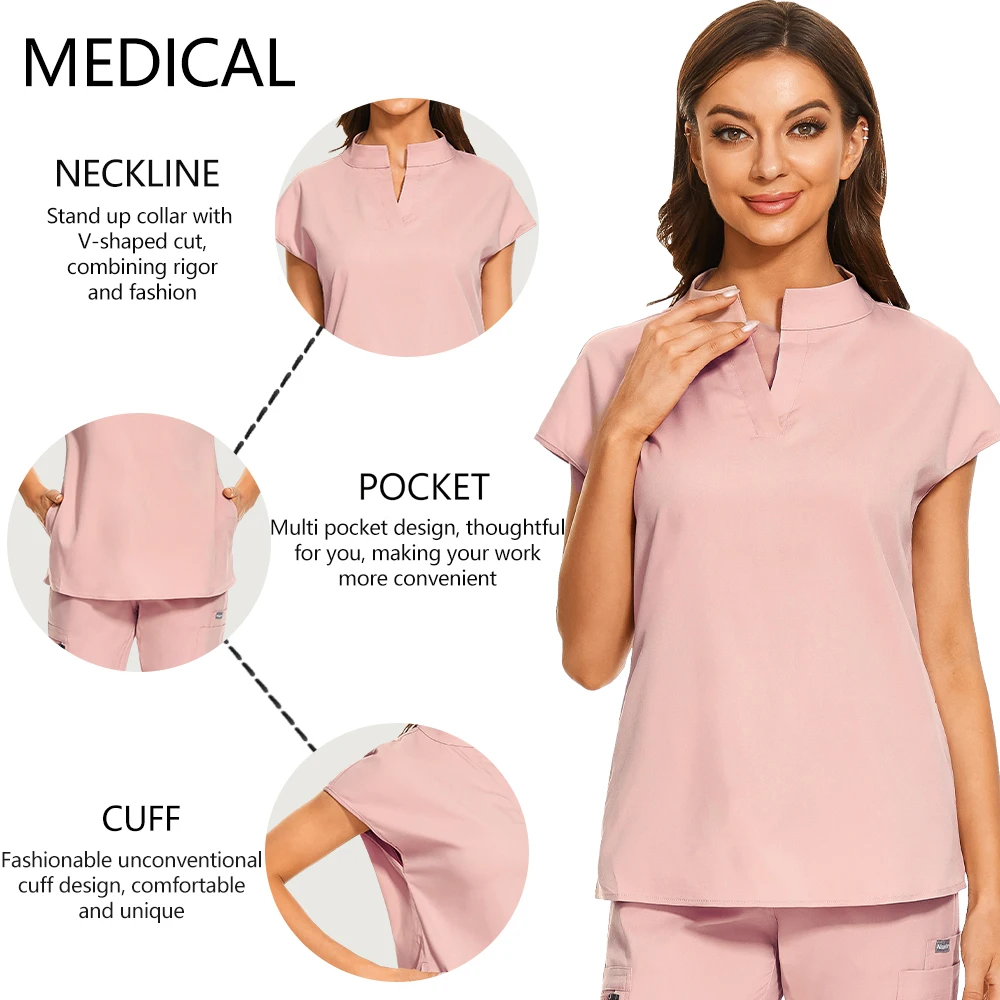 Plus Size Scrubs Set Women Medical Nurse Uniforms Stand Neck V-cut Scrub Top Jogger Pants Vet Doctor Healthcare Workers Workwear