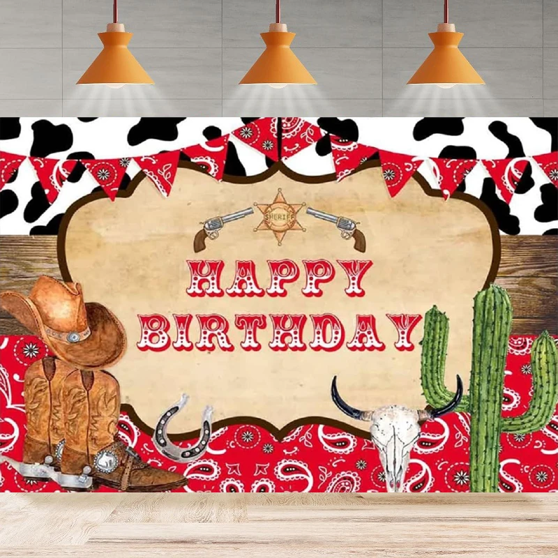 Photography Backdrop Happy Birthday Background Decoration Wild West Cowboy Theme Home Party Backdrop Wall Banner Poster