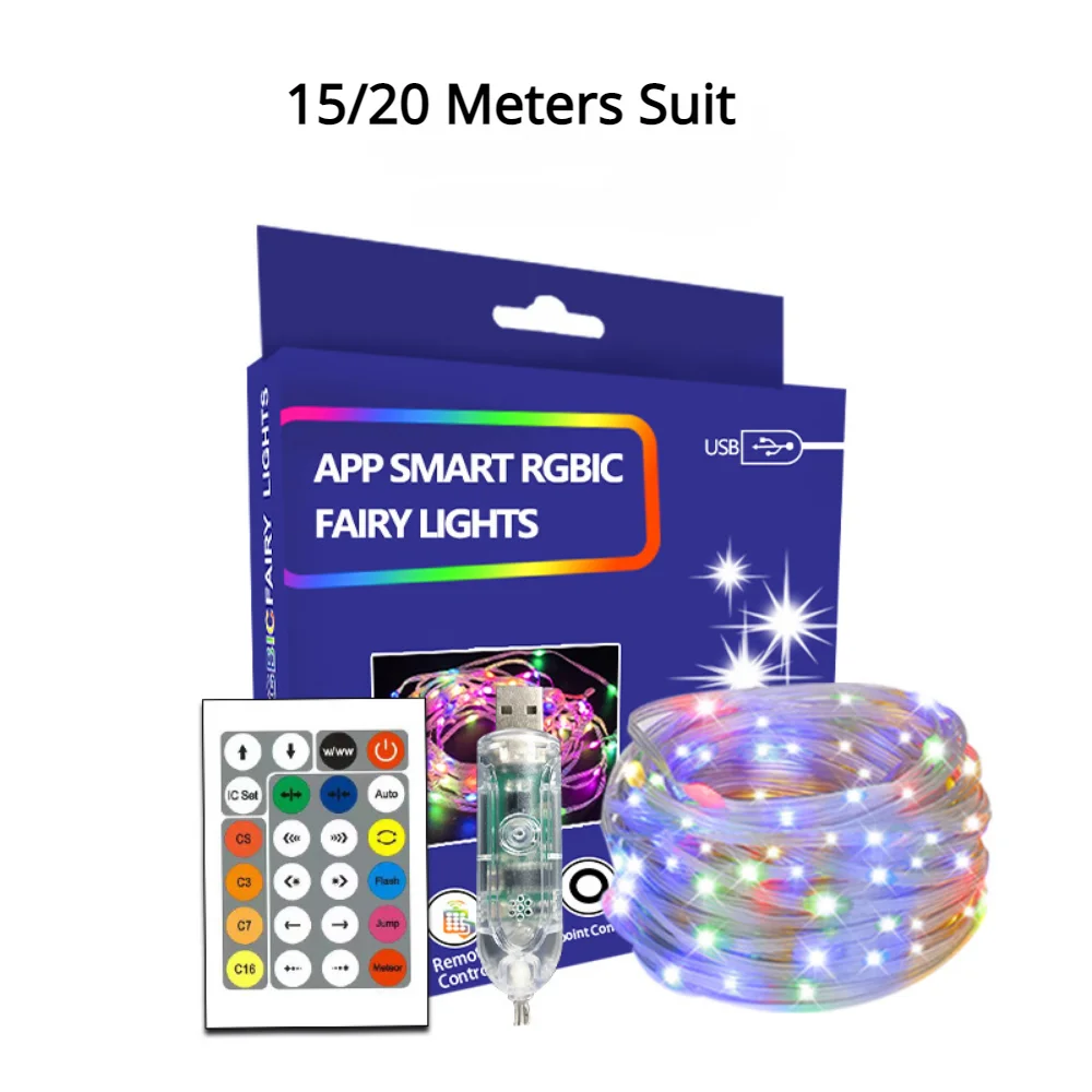 Luz de fada LED inteligente alimentada por USB Natal 5M 10M 15M 20M Decoração ao ar livre Feriado de Natal Festa de jardim Corda de iluminação de casamento