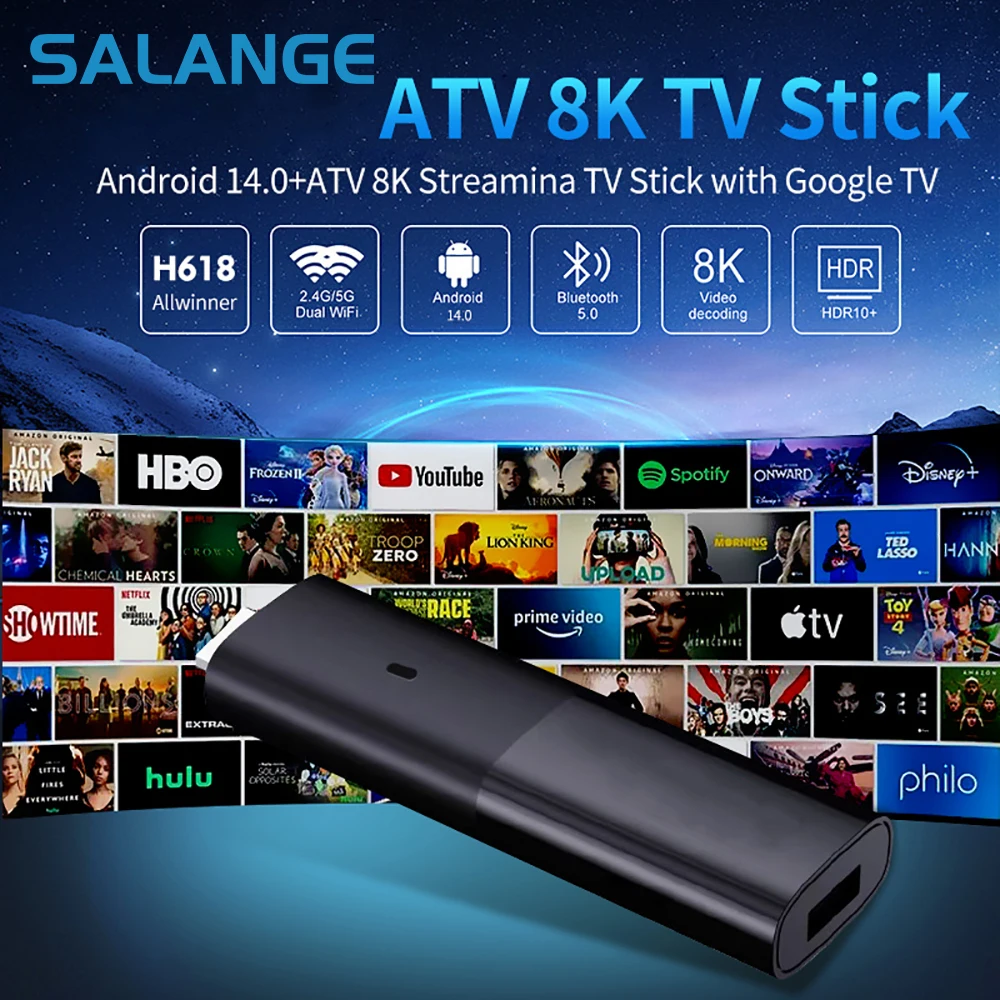 Salange TV Stick Android 14.0 P98 2G RAM 16G ROM BT 5.0 Smart TVStick 4K Media Player 2 USB 3.0 Ports HDMI 2.0 Compatible