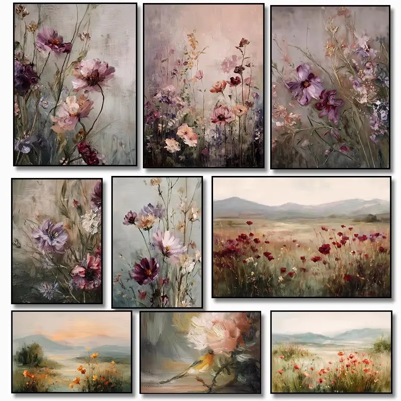 Minimalist Victorian Vintage Poppy Oil Painting Style Illustration Distant Mountains Flowers Canvas Painting Print Bedroom De