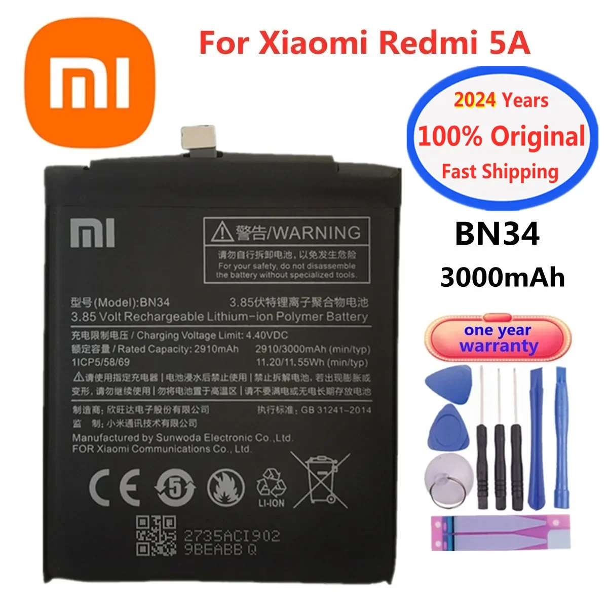 

2024 Years 3000mAh BN34 Original Phone Battery For Xiaomi Redmi 5A 5.0" Replacement Phone Battery Bateria Batteries Fast Deliver