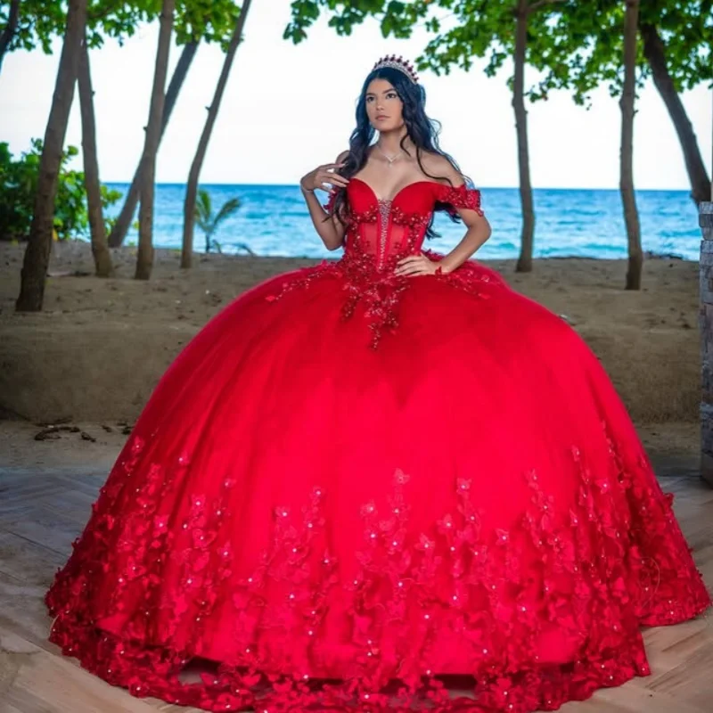 

Customized Red Quinceanera Dresses Off the Shoulder applique crystal Long tail 3D flower crystal Vestido 15 Quinceanera