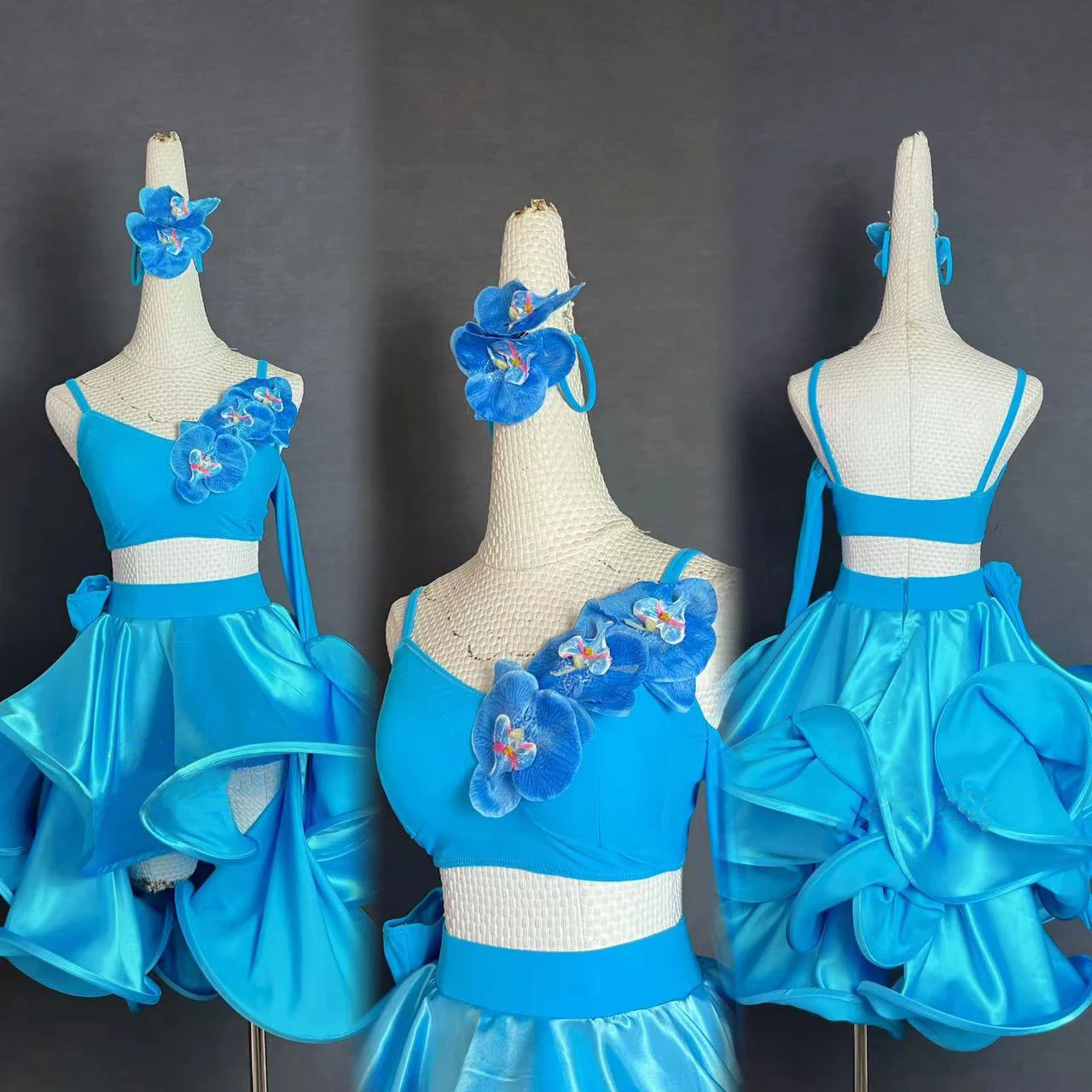 Bailarines latinos, adultos, niños, falda multicapa dividida con flores tridimensionales personalizada de alta gama, vestido de piedra AB de Tango Samba