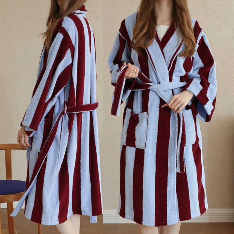 Vintage Stripe Female Kimono Robe Sleepwear 100% Cotton Towel Long Bathrobe Night Dress New Homewear Combed Cotton Hotel Robes