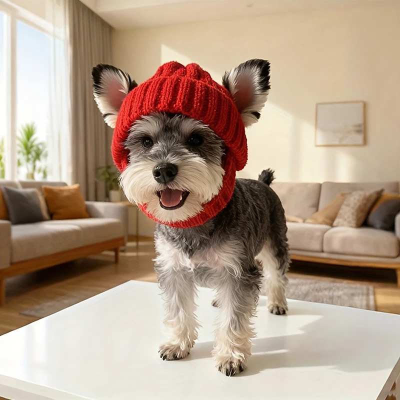 (BF06)Maltese Dog Beanie Hat Cozy Soft Knit With Ear Flaps Keep Warm For Small Dogs Winter Indoor/Outdoor Use