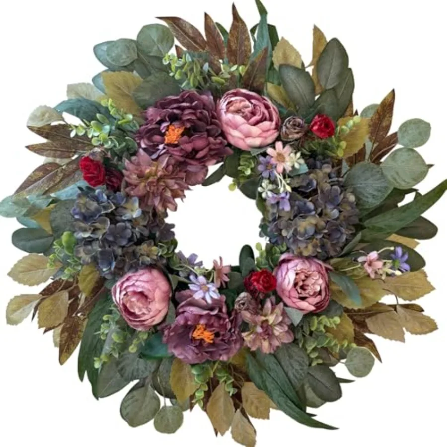 

24 Inch Spring Wreaths for Front Door Decor, Spring Front Door Wreath with PinkPurple Peony Floral and Vintage Blue Hydrangea F