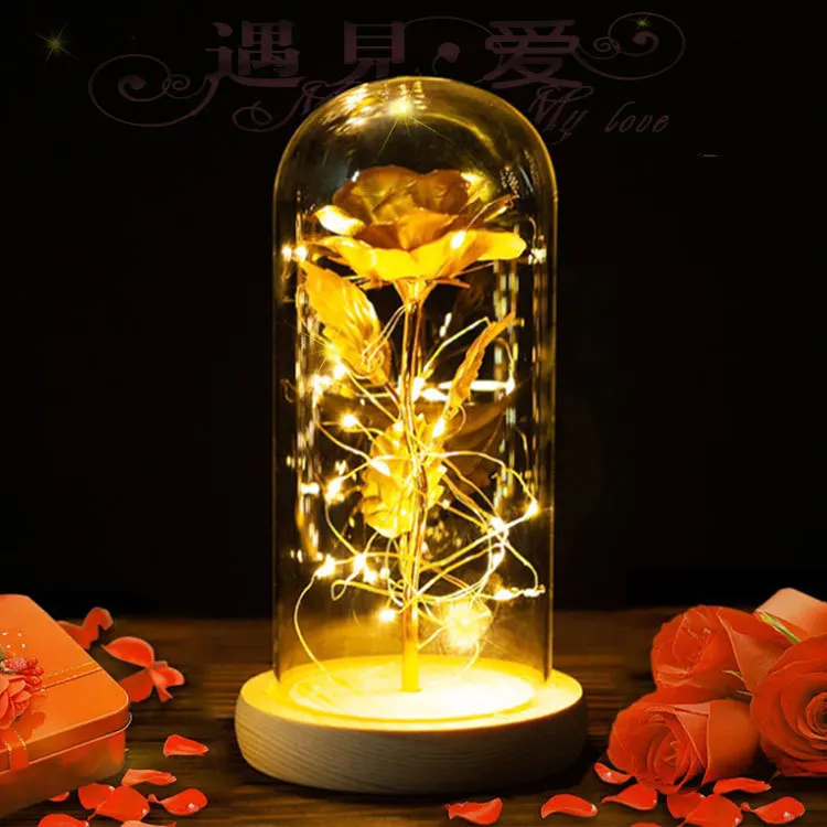 LED Glass Cover Simulation Gold Foil Rose Flower Lighting Simulation Flower Decor Novelty Light Christmas Birthday Gifts Lights