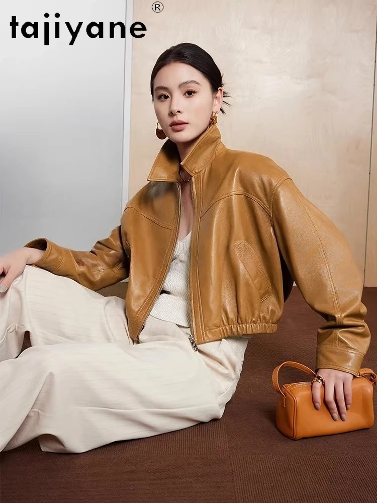 TAJIYANE オイルワックス羊革レザーコート レディース ショート丈 スタイリッシュコート 本革ジャケット 2025年秋 レディース服 дубленка женская（女性用毛皮コート）