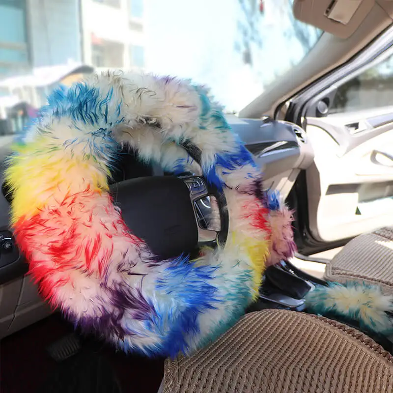 3PCS Set Real Wool Fur Soft Steering Wheel Covers Furry Long Hair Womens Winter Fashion Handle Cover Car Decoration Accessories