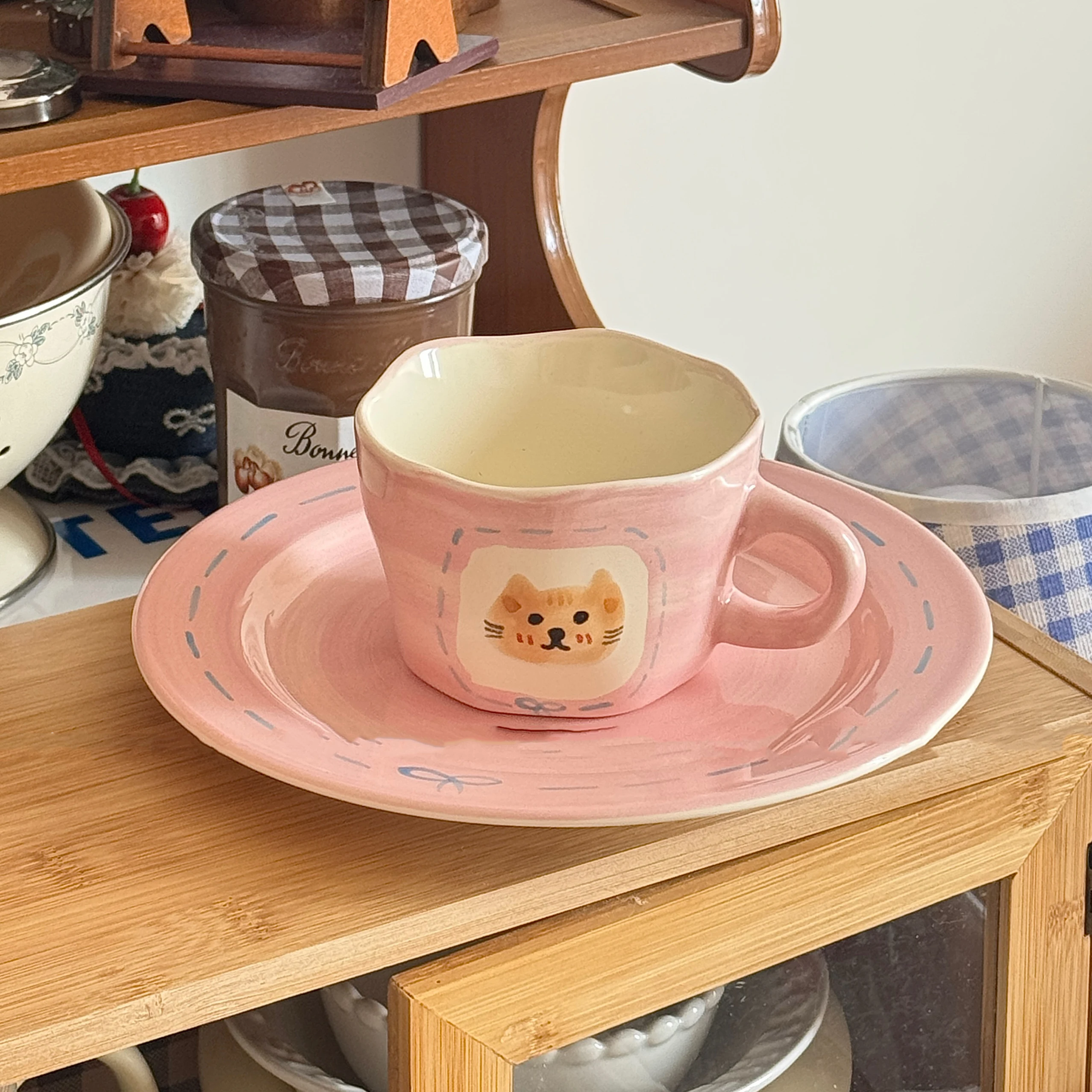 Cute Pink Hand Drawn Ceramic Plate Line Bows 7.9Inches Serving Plates Home Casual Salad Dishes Under Glazed Breakfast Plate