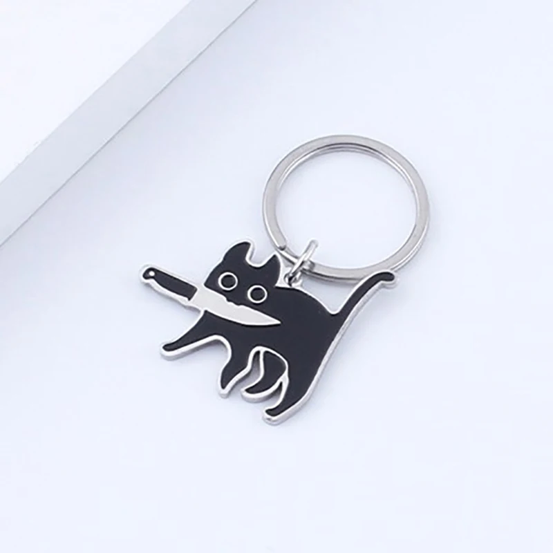 Cute Cartoon Knife Cat Keychain Stainless Steel Black Kitten Key Chains Keyring Bag Pendant Hanging Jewelry Gift