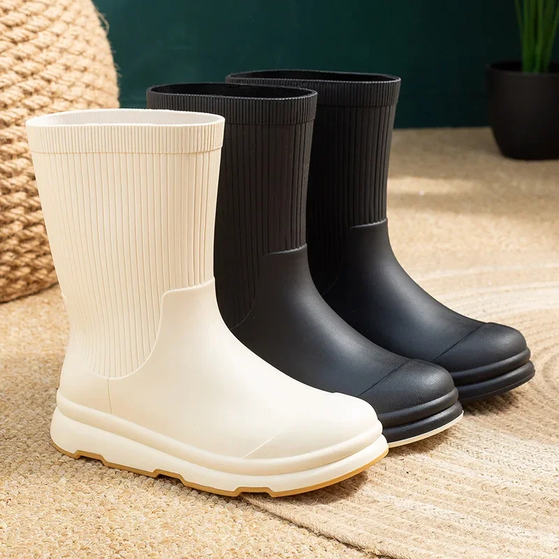 

Women Rain Boots Fashion Mid Calf Rubber Boots Waterproof Garden Boots for Women Winter Warm Cotton Rainboots Botas Lluvia Mujer