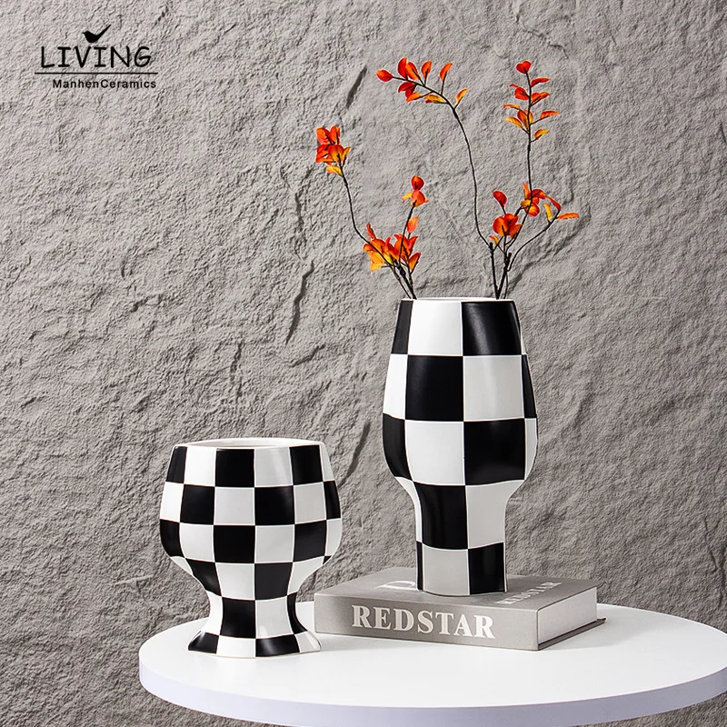 Modern Crafts Irregular Shaped Vases Room Aesthetic Decor Black and White Check Texture Vase Desk Decoration Flower Arrangement