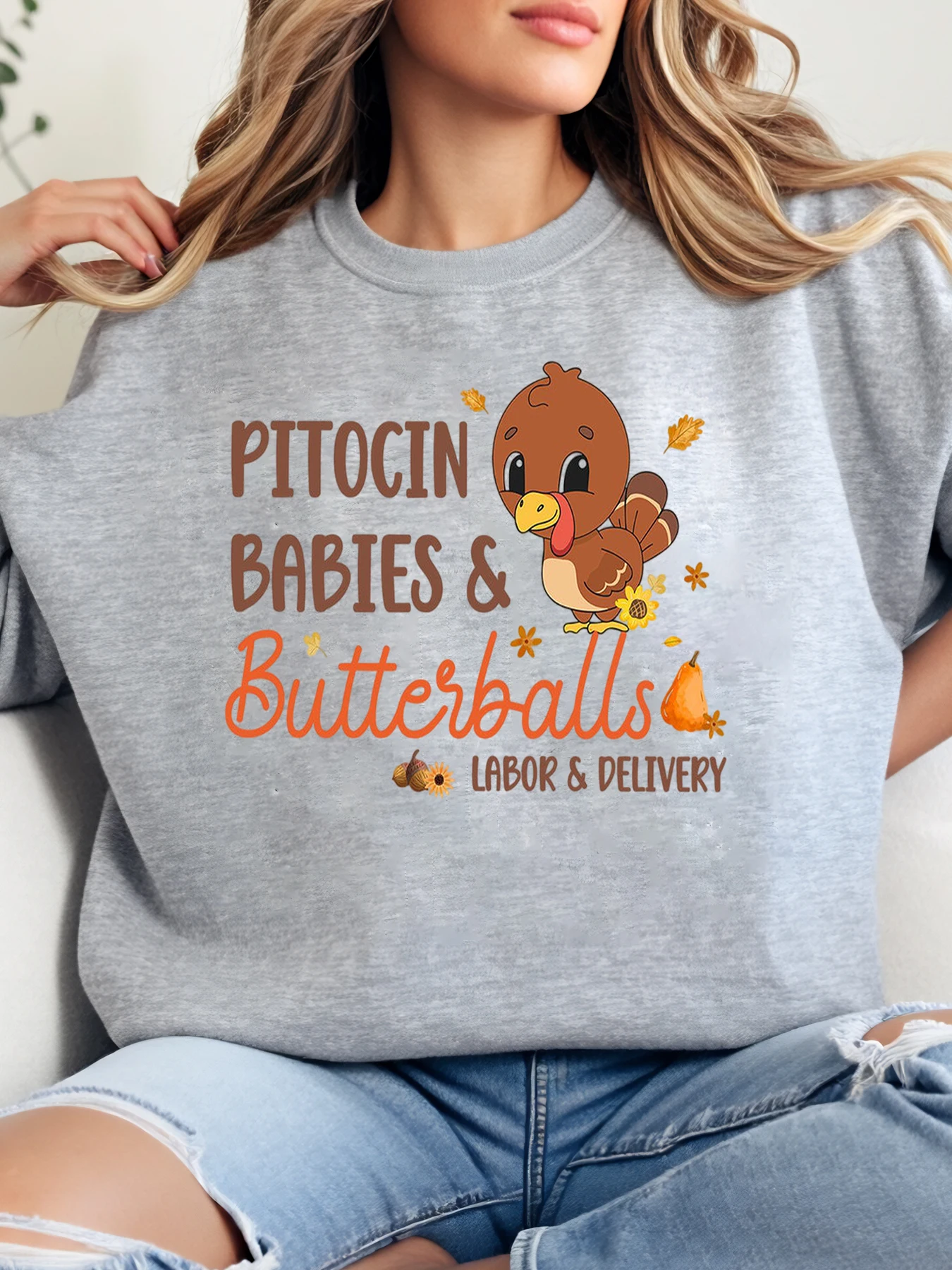 Pitocin Babies Butterballs تركيا توصيل العمالة طباعة البلوز الشكر المرأة لباس غير رسمي رمادي حجم كبير #1