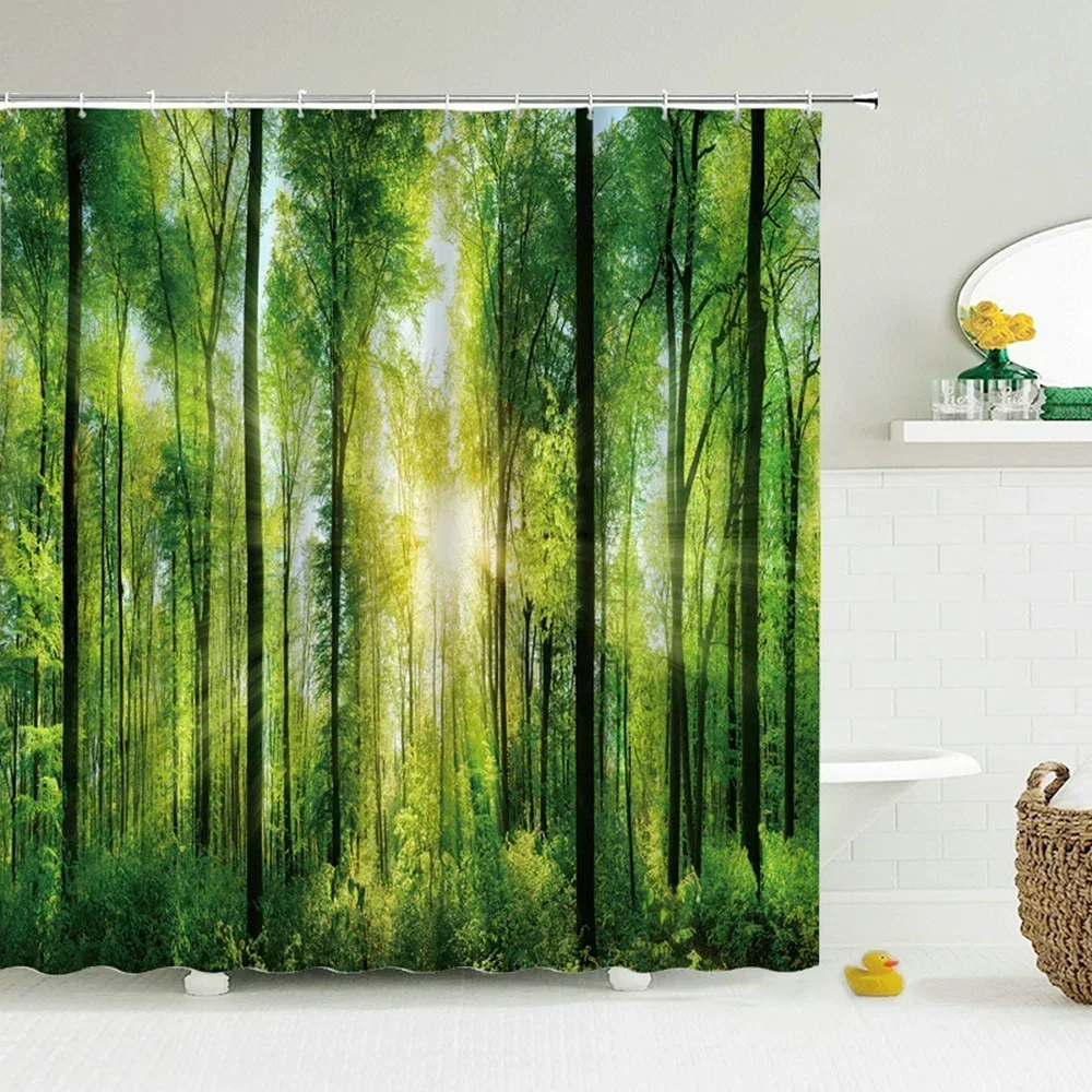 Modern Forest Shower Curtain Green Plant Tree Landscape Shower Curtain Bathroom Waterproof Bathroom Decor