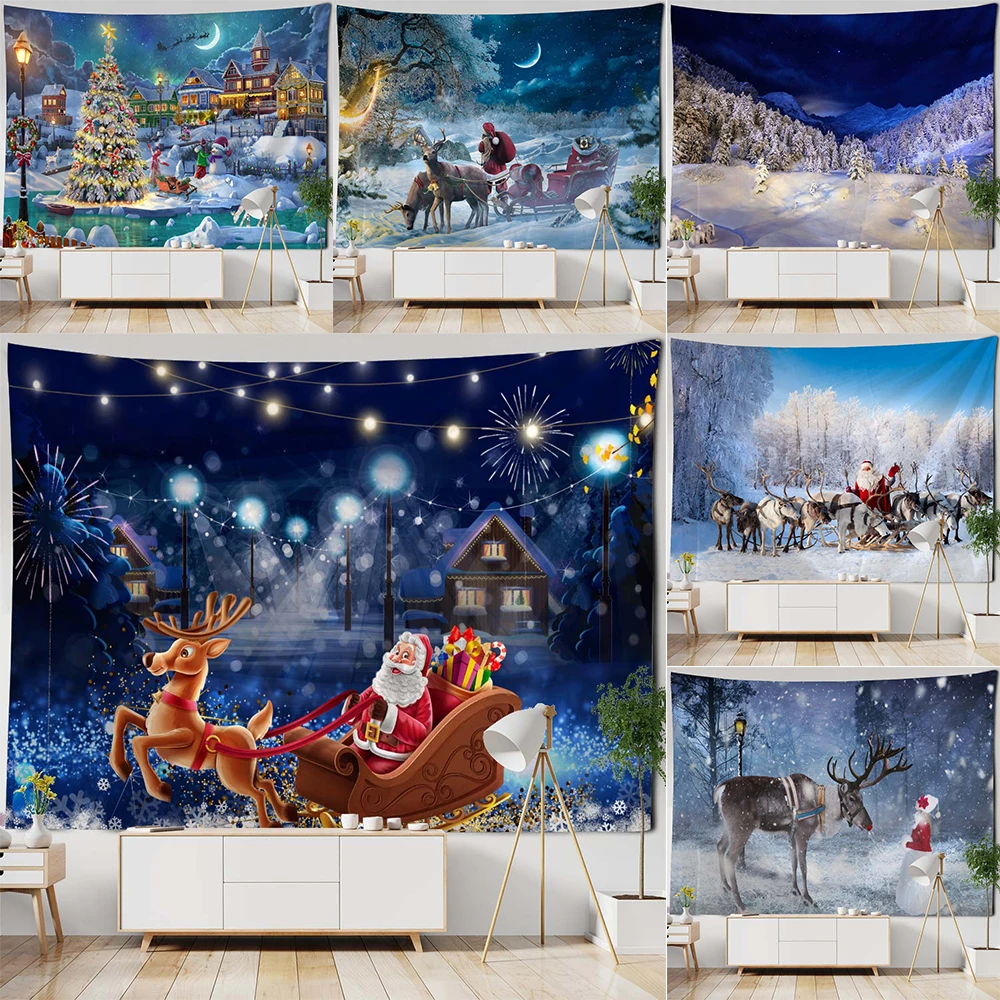 Christmas Tapestry Wall Hanging Winter Night Snowflake Elk Santa Claus Print Room  Decor Backdrop Fabric Gift Home 