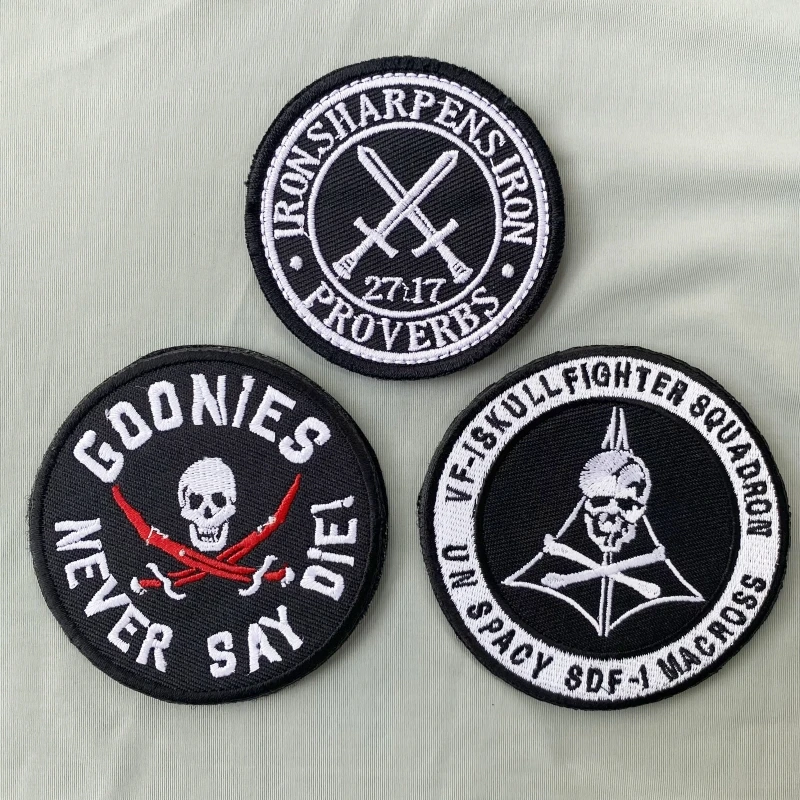 Goonies Never Say Diei Embroidery Patches Skull Squadron of Space Fort Hook&Loop Skull Double Sword Badge Tactical Iron Swords