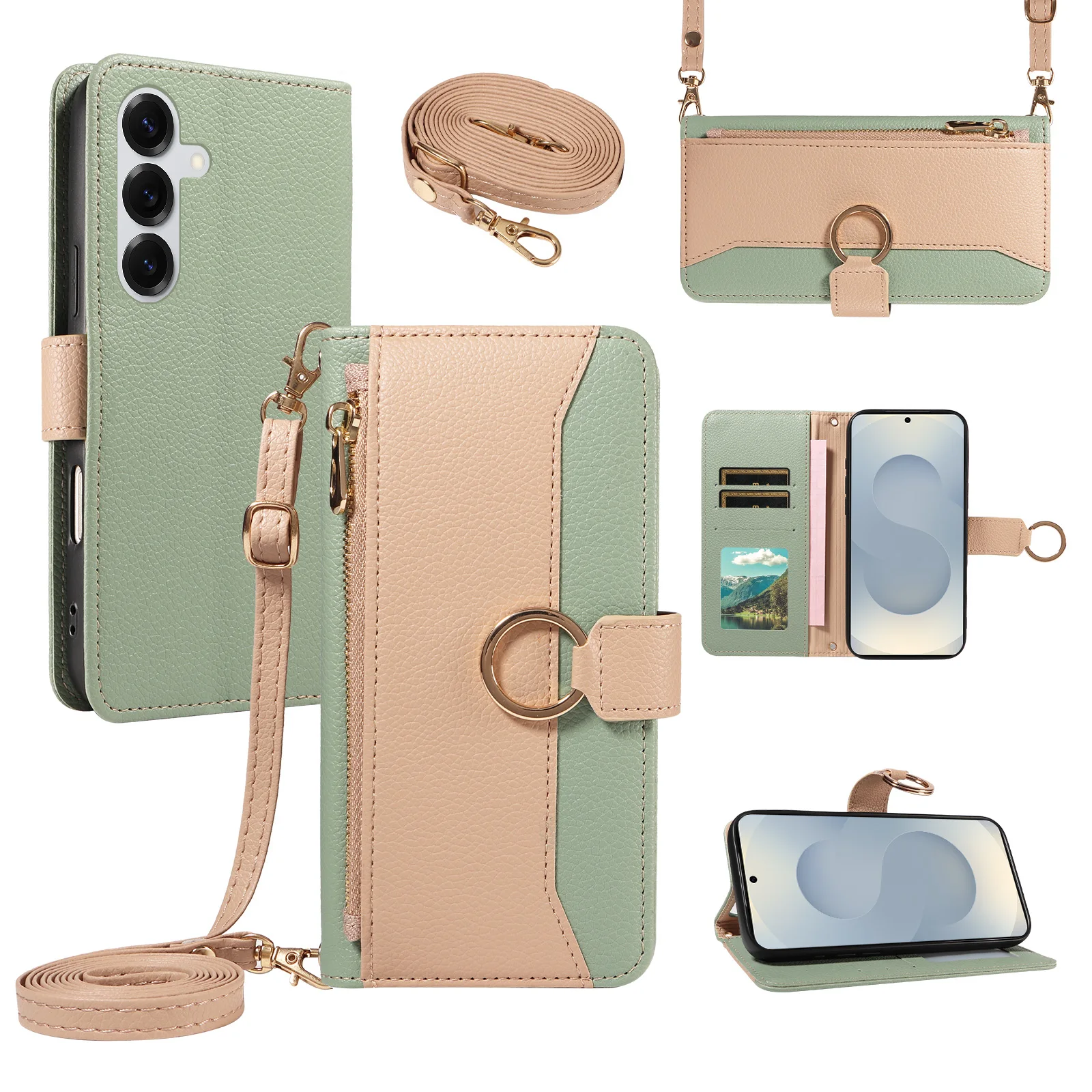 Patchwork-Ring-Reißverschluss-Brieftaschen-Schutzhülle für Samsung S26Ultra S25 Plus S24+ S23 S22 S21 S20 Fe Handyhülle mit Münzfach und Umhängegurt Kunstleder-Handytasche – Detail 4