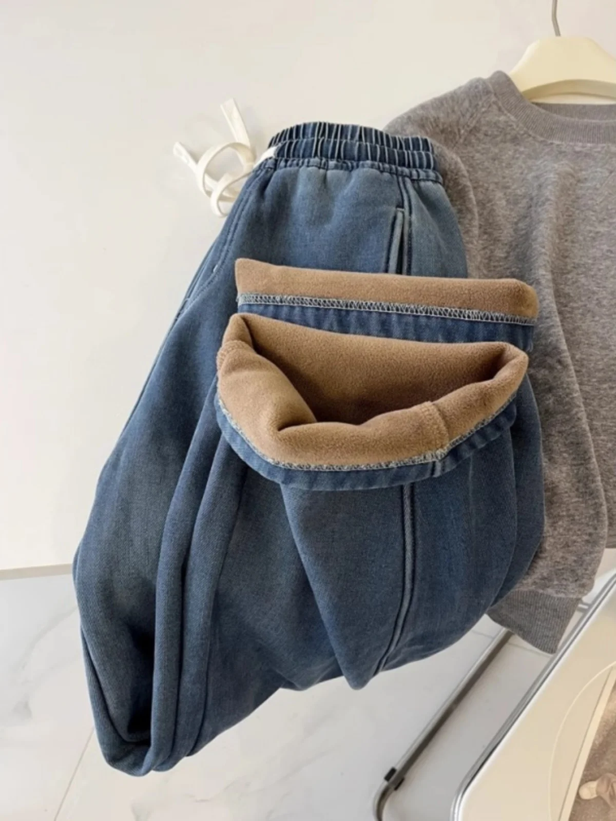 

Утепленные джинсы Fce Lined Scythe с высокой талией, широкими штанинами, свободного кроя, женские, осенне-зимние, из денима, в корейском стиле, для повседневной носки