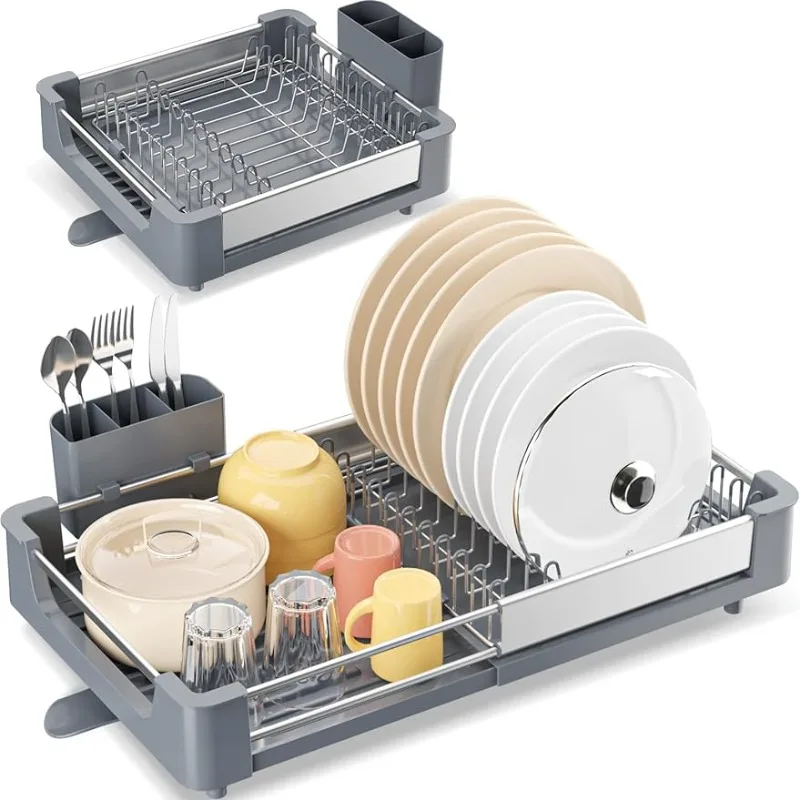 

Dual Part Dish Drying Rack with Non-Scratch and Movable Cutlery Drainer and Drainage Spout, Adjustable Dish Drainer for Kitchen