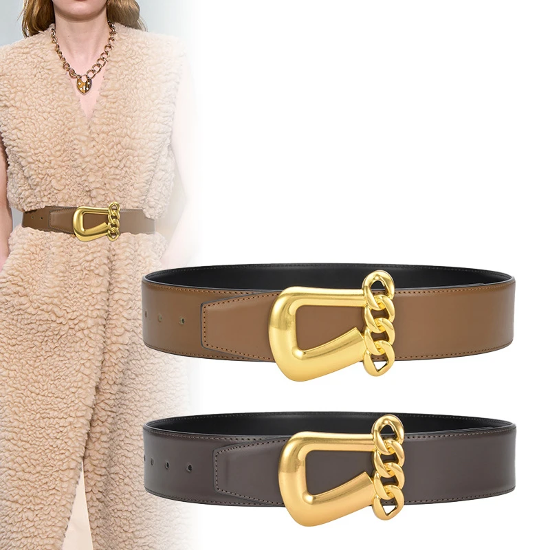 Retro new wide leather belt for women to decorate suit with skirt coat sweater windbreaker personality black waist seal