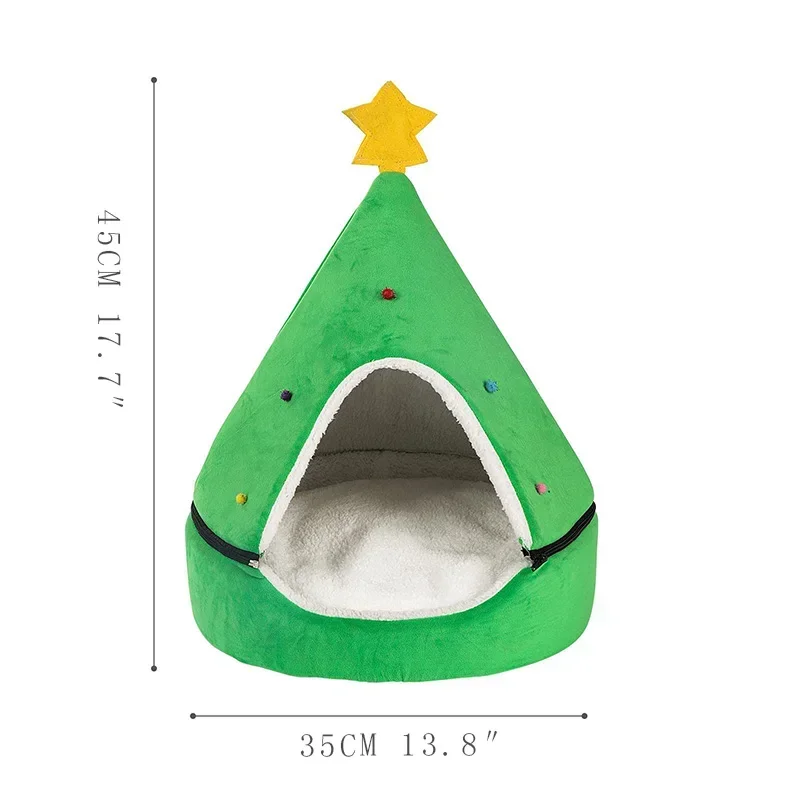 New Christmas Cat Bed Dog Tent House Mat Pet Self-Warming 2 in 1 Cave Cute Sofa for Small  Kitten Hut Hideout Green Supplies