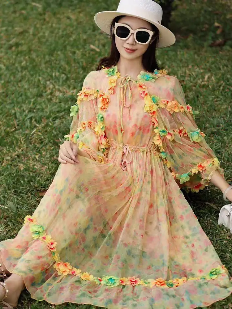 Spring/Summer New High end Women's Silk Print+Tied Flower Cape Sleeves Fashion Belt Elegant Mid length Dress One Size