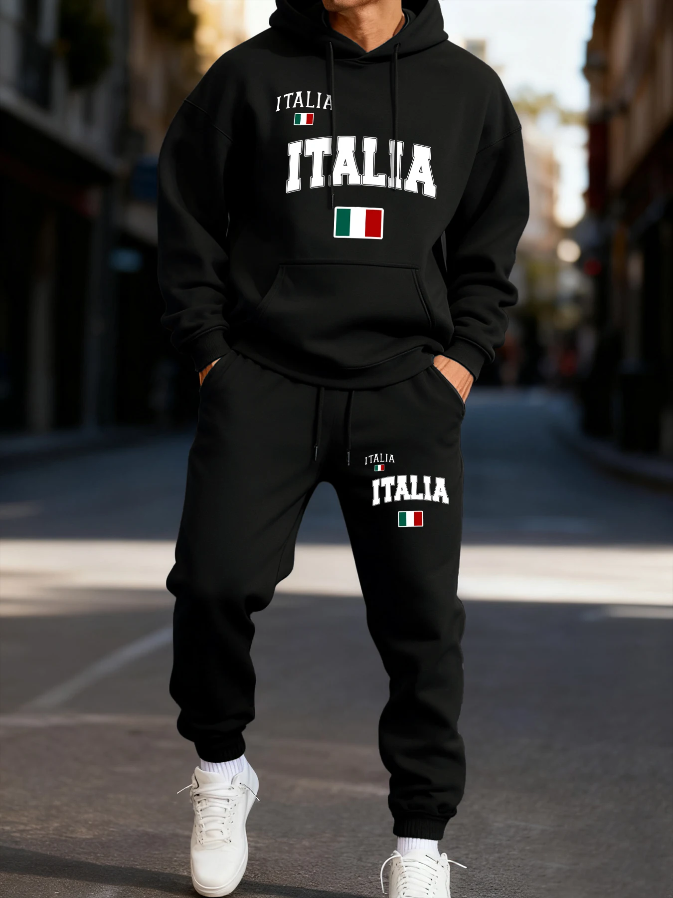 

Italia Italian Flag Print Male Hoodie Set Jogging Street Two Pices Sets Pocket Fleece Sweatpants Autumn Casual Winter Clothing