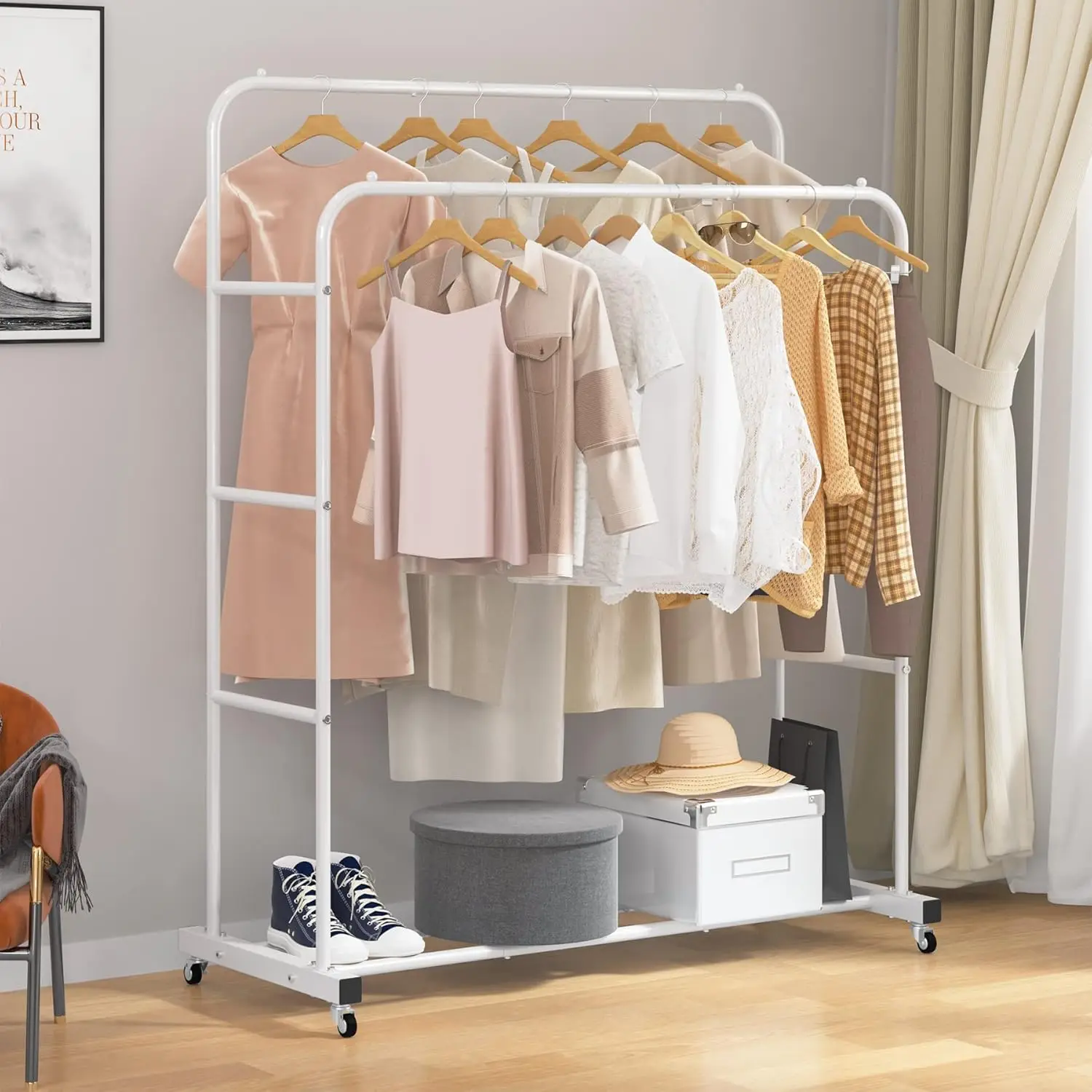 Rack de roupas com rolamento de haste dupla branco, cabide multifuncional para quarto.