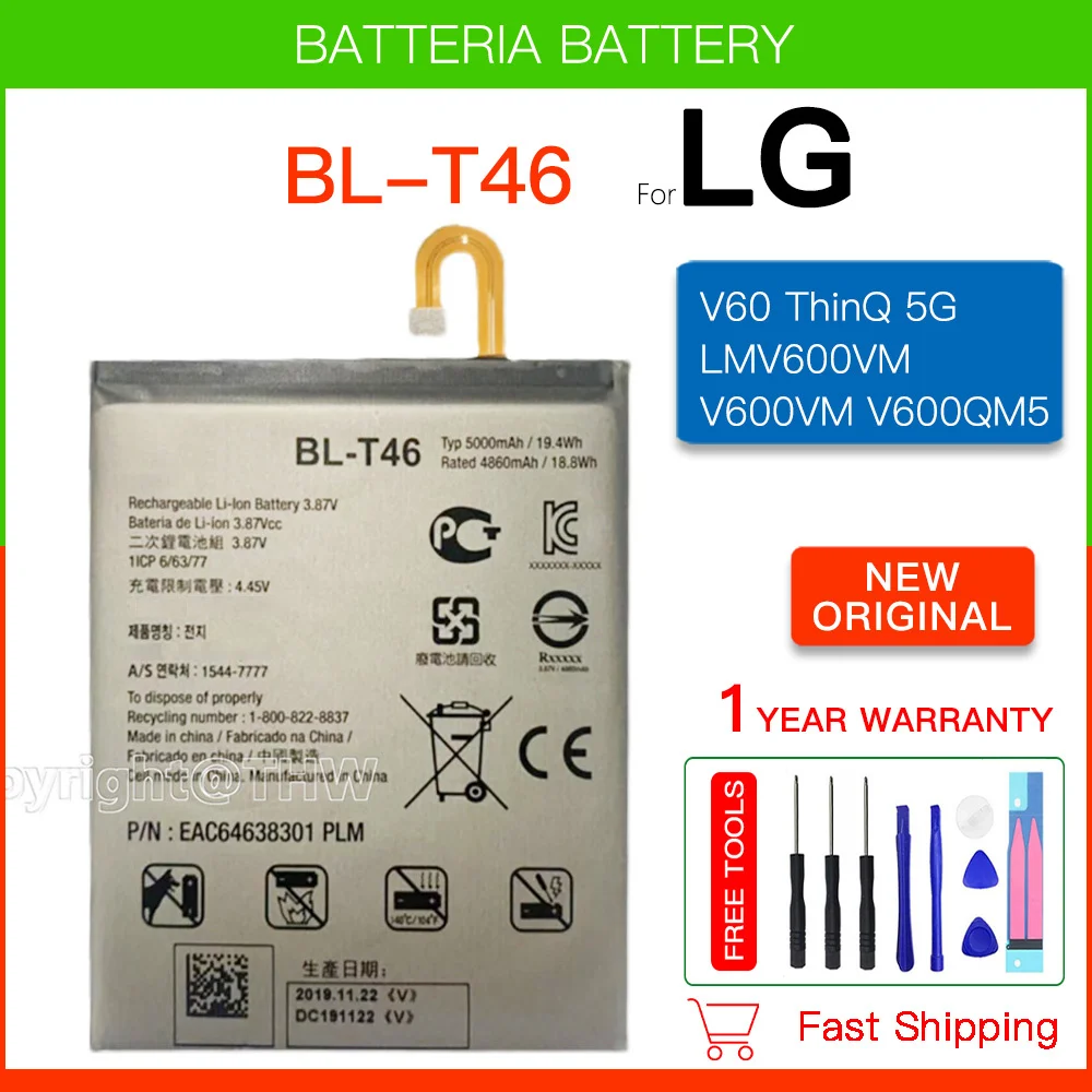 Batería de repuesto Original BL-T46 5000mAh para LG V60 ThinQ 5G LMV600VM V600VM V600QM5 BL T46 batería + herramientas gratuitas + código de