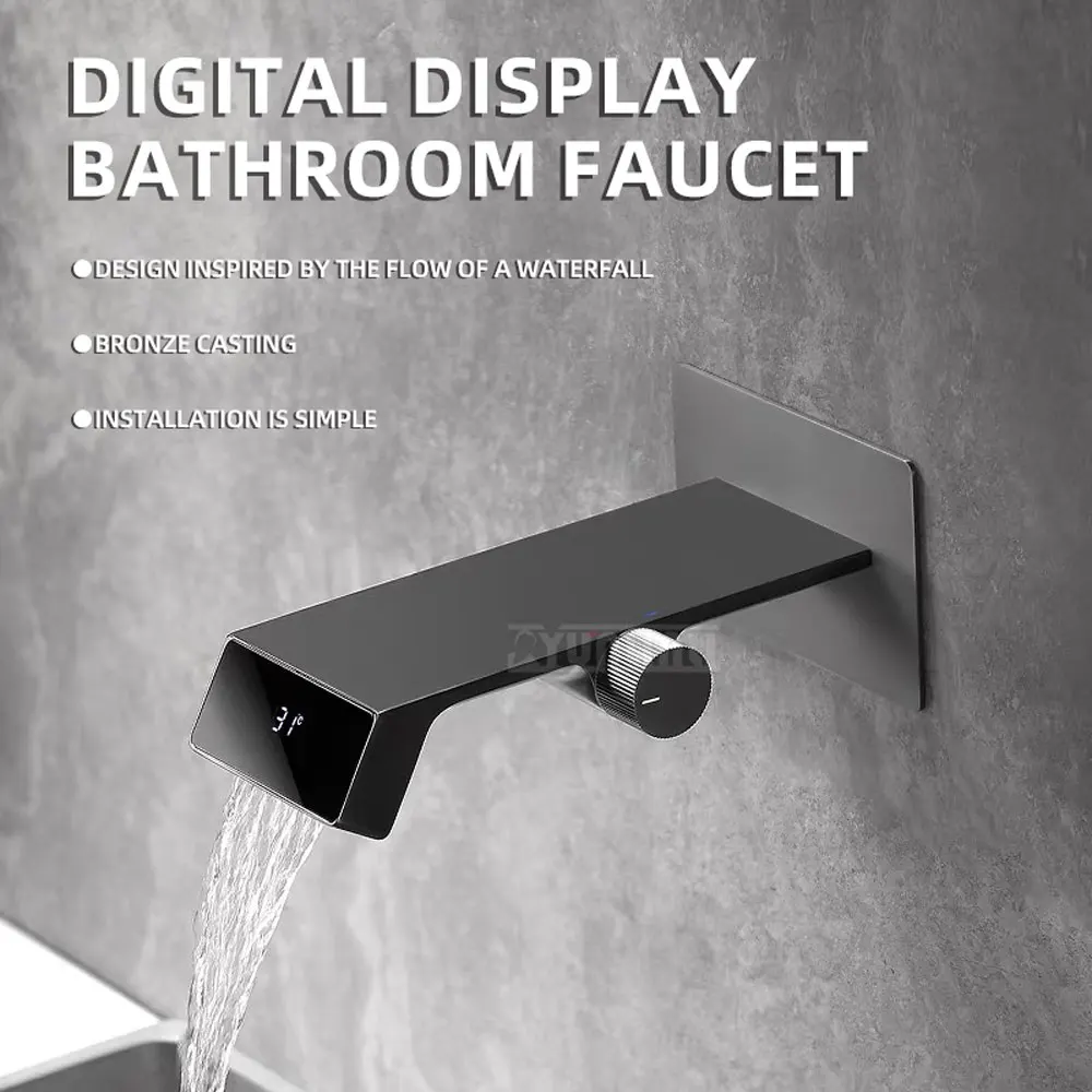 Solid Brass Brushed Gold Concealed Wall Mount Digital Display Basin Faucet, Hot & Cold Waterfall Bathroom Sink Tap