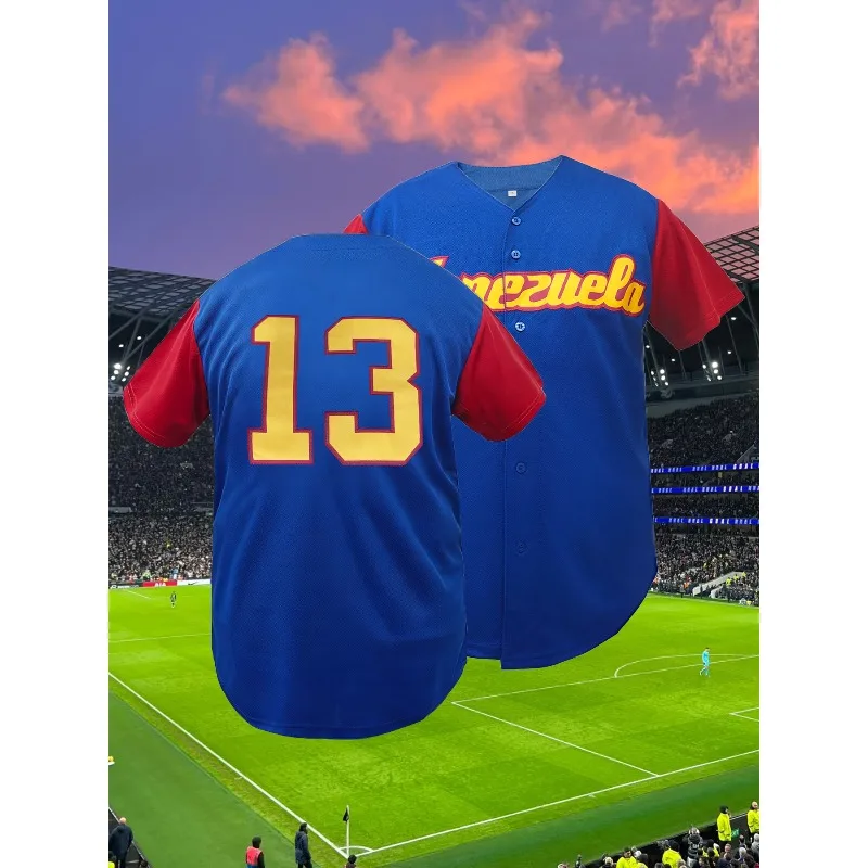 남성용 # 13 베네수엘라 스티치 야구 저지 클래식 레터 자수 통기성 스포츠웨어 반팔 티셔츠 남성 의류