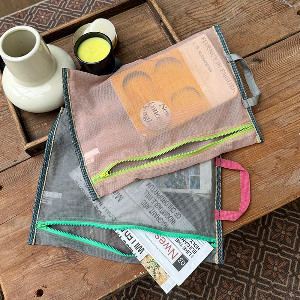 

Translucent Mesh Nylon Storage Bag Portable Zipper Handbag Functional Cosmetic Pouch Pencil Case Documents Paper Organizer