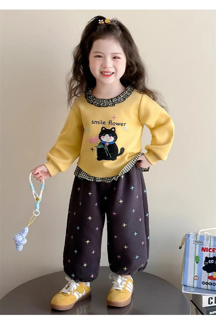 2026 Herbst Baby-Mädchen-Kleidungssets, Kinder-Sweatshirt mit Rüschenkragen und Cartoon-Print + Hose mit Sternenmuster, 2-teiliger Freizeitanzug für Kinder – Detail 4
