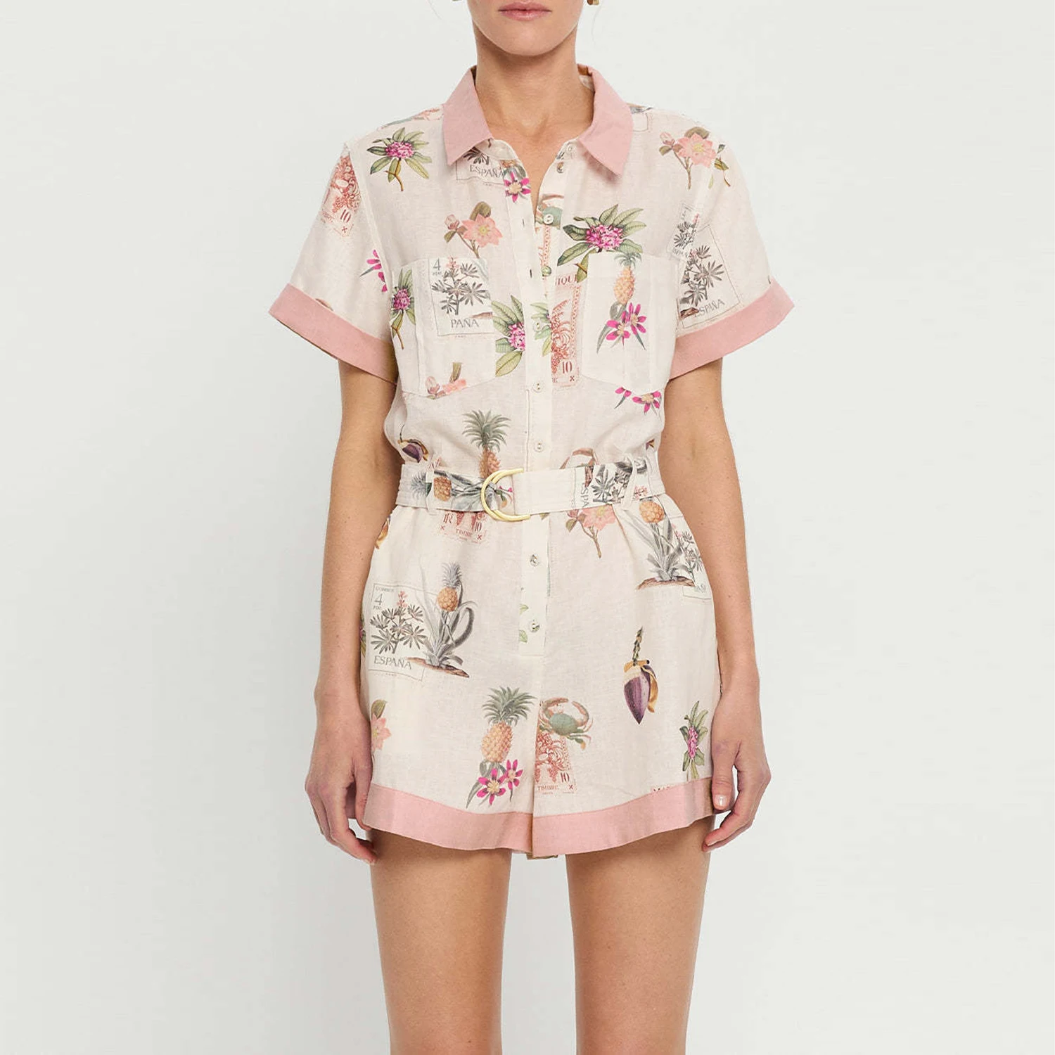 

Women Shirt Collar Floral Print Single Breasted Belt Spring Summer Jumpsuit Shorts