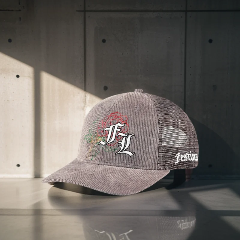 

BSCI Factory Custom High Quality 6 Panel Dark Grey Front Panel Grey Mesh Flat Embroidery Logo Corduroy Trucker Caps 112 Mesh Hat