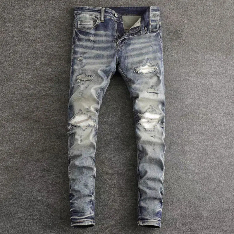 

High Street Fashion Men Jeans Retro Washed Blue Stretch Skinny Fit Ripped Jeans Men Patched Designer Hip Hop Brand Pants Hombre