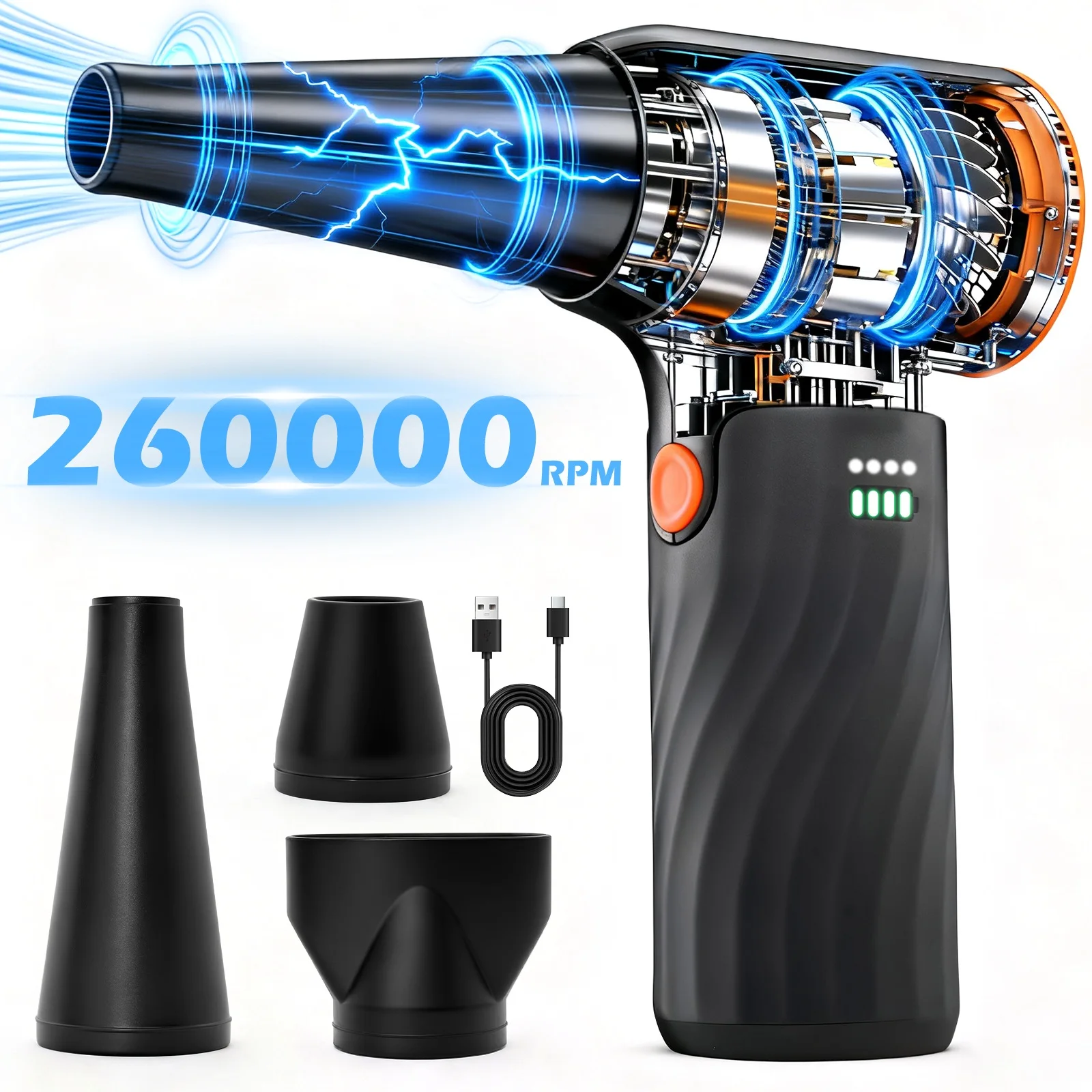 High-Speed Turbo Blower Jet Duster 260000 RPM Cordless Electric Air Blower Brushless 3 Speed Handheld with 6000mAh Battery for Outdoor Car Home Cleaning