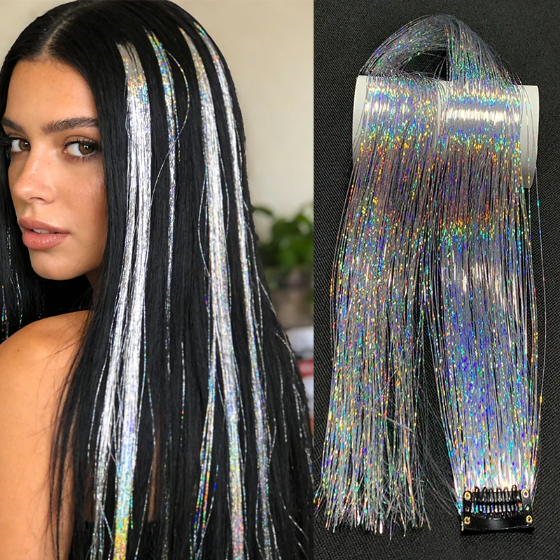 Synthetic Rainbow Tinsel Hair Extensions Clip In Shiny Glitter Wig Hairpiece for Women Party Cosplay Daily DIY Hair Accessory