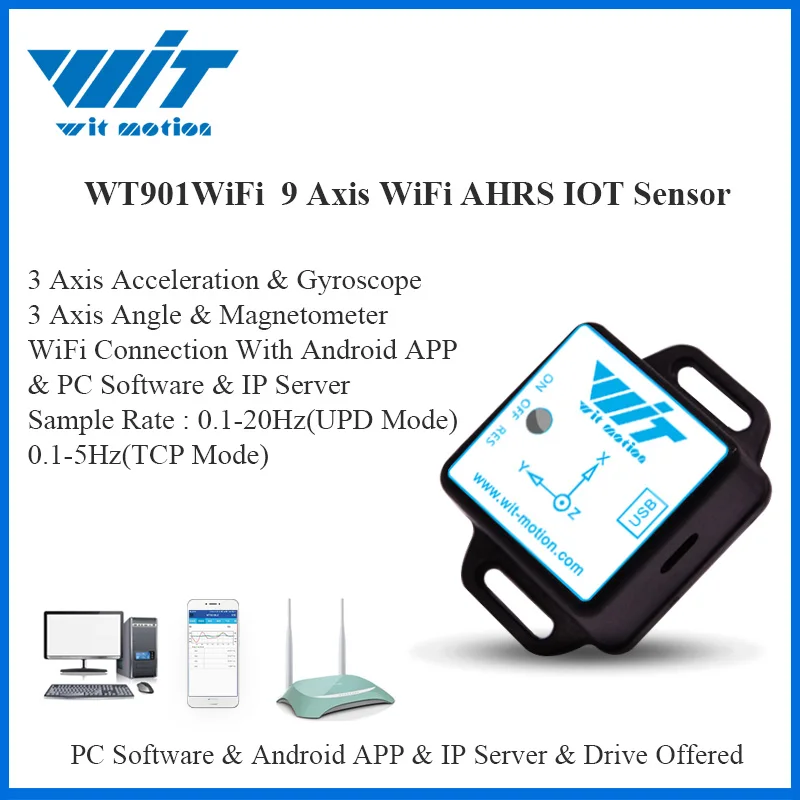 WitMotion WT901WiFi bezprzewodowy 9 osi WiFi czujnik kąt pochyłomierza + akcelerometr + Gyro + pole magnetyczne na PC/Android/serwer